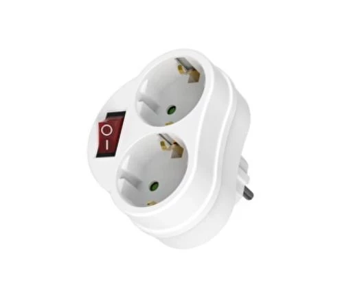 Адаптер за контакт с 2 Шуко гнезда, с ключ, бял
