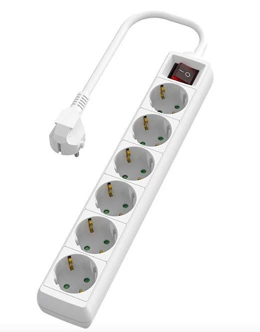 Разклонител с 6 Шуко гнезда, с ключ, 3 метра, бял