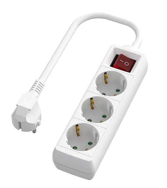 Разклонител с 3 Шуко гнезда, с ключ, 3 метра, бял