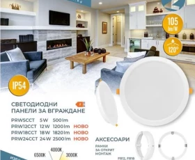 Снимка на LED панел за вграждане, кръг, влагозащитен 18W, 3000K/4000K/6500K, 220-240V AC, IP54